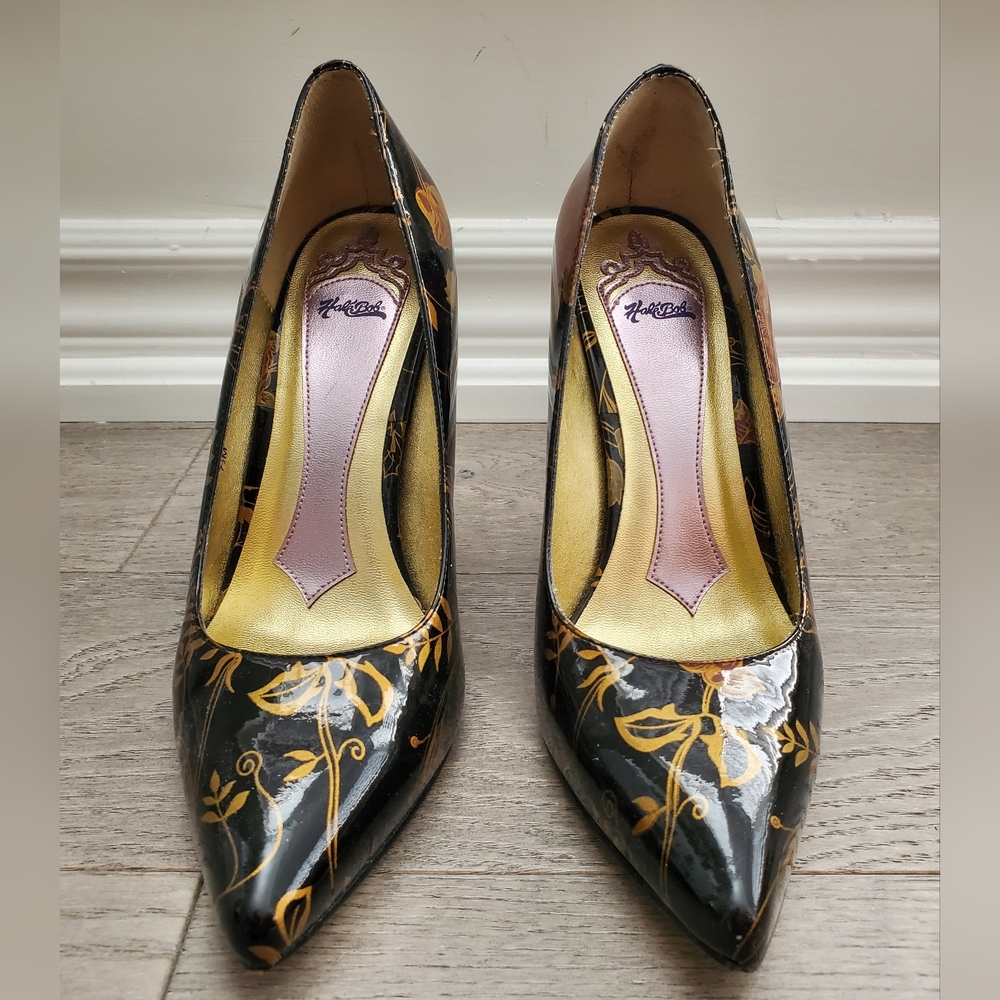Hale Bob black patent floral pattern stilettos